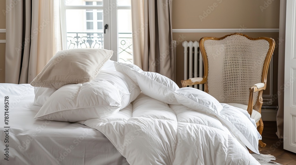Clean bedding items such as a duvet and pillows presented on a chair in an apartment bedroom, emphasizing laundry and hotel services Clean bedding items such as a duvet and pillows presented on a chair in an apartment bedroom, emphasizing laundry and hotel services