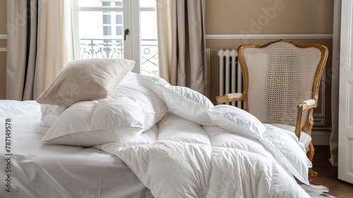 Clean bedding items such as a duvet and pillows presented on a chair in an apartment bedroom, emphasizing laundry and hotel services