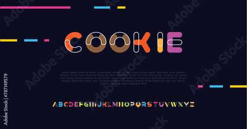 Cookie Creative Design vector Font of twisted Ribbon for Title, Header, Lettering, Logo. Funny Entertainment Active Sport Technology areas Typeface. photo