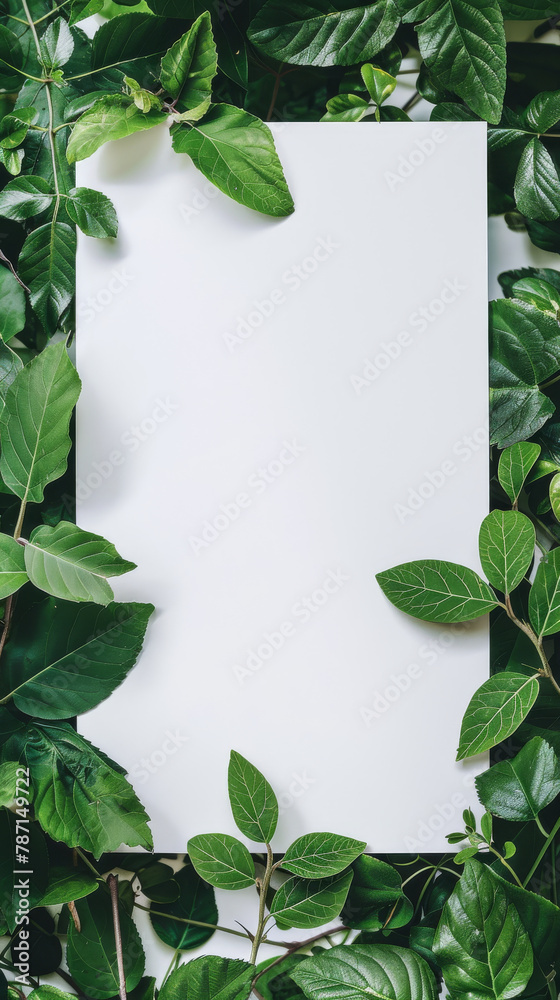 top view of green leaves and white card with copy space top view of green leaves and white card with copy space