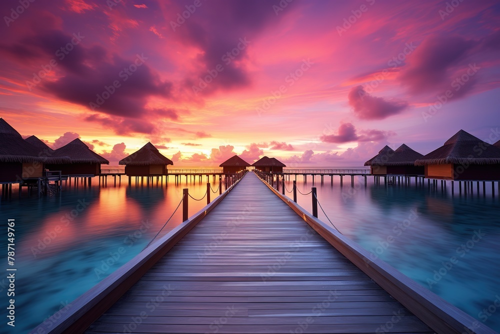Tropical Maldives island with few palm trees and blue lagoon at sunset, Ai Generated Tropical Maldives island with few palm trees and blue lagoon at sunset, Ai Generated