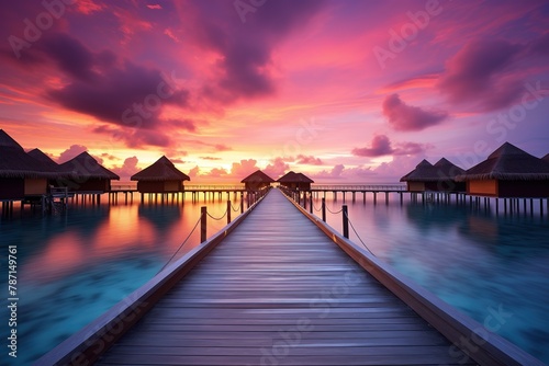 Tropical Maldives island with few palm trees and blue lagoon at sunset, Ai Generated © MuziStock