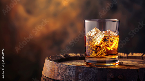 Whiskey with ice cubes in glass on wooden barrel 