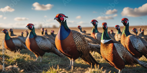Pheasants in a Field. A small flock of pheasants with colorful plumage stand alert in a grassy field under a bright blue sky. photo