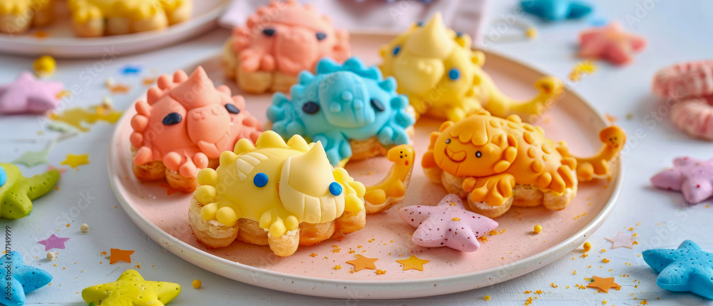 A plate of colorful dinosaur-shaped cookies with star-filled background