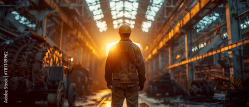 Man in hard hat stands in large industrial building, working in factory