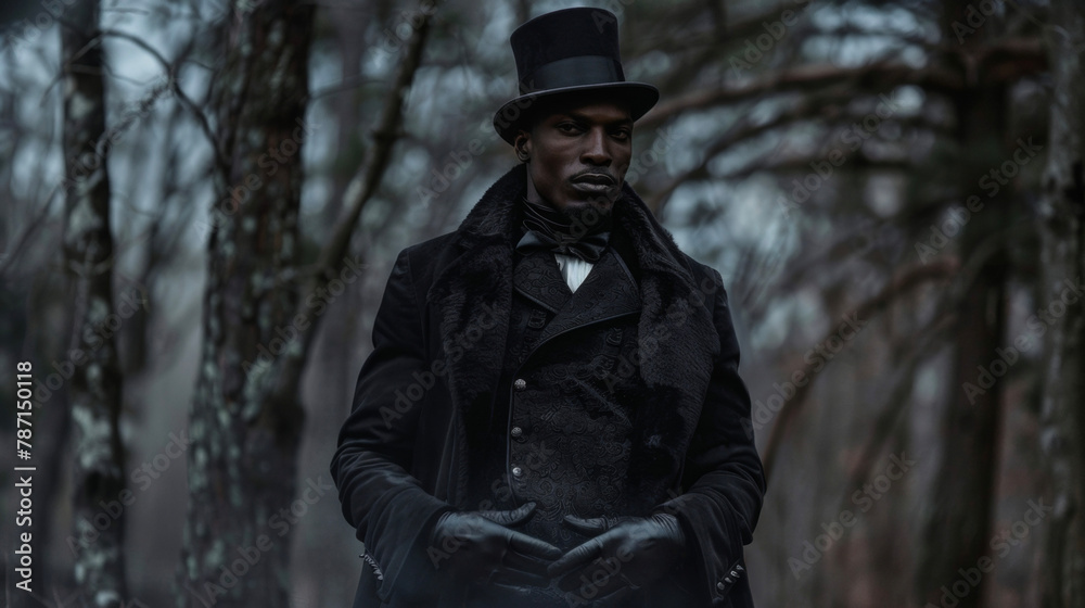 Deep in the woods a stylish black man stands a towering trees dressed in a gothicinspired ensemble complete with a long coat leather gloves and a top hat. Against the dark natural .