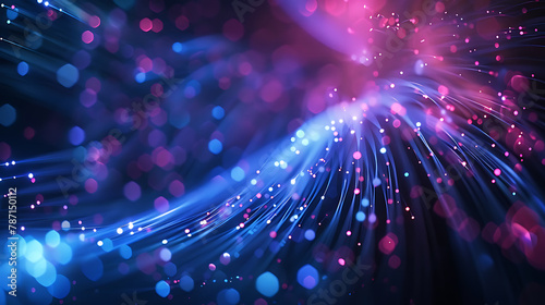 Abstract futuristic image of an optical fiber with blue and purple fibers creating depth and perspective, with light rays and lights creating a modern technological effect.