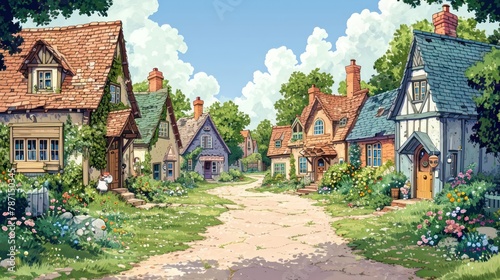 Cartooncore scene of a charming village, with whimsical houses, quirky characters, and colorful gardens