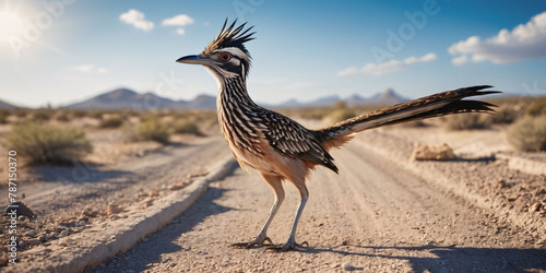 Roadrunner Stands on a Dirt Road. A roadrunner with a long, blue beak and brown-streaked feathers stands on a dirt road in a desert landscape. photo