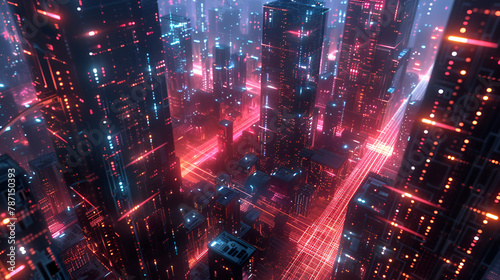 Futuristic hologram city in cyberpunk theme color in merket, generative Ai