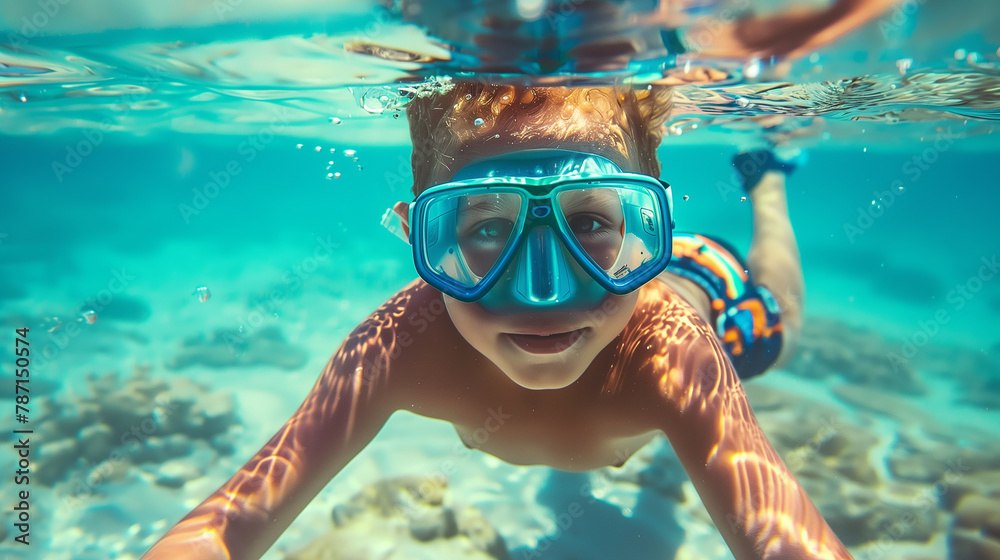 Child snorkeling underwater with diving mask, sea exploration portrait.