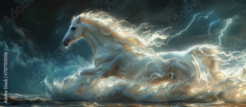 A white horse gallops through a stormy sea at midnight  creating a dramatic scene worthy of a painting in the darkness of the night