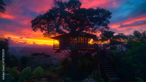 A treehouse, with a colorful sunset sky behind it, during a peaceful evening