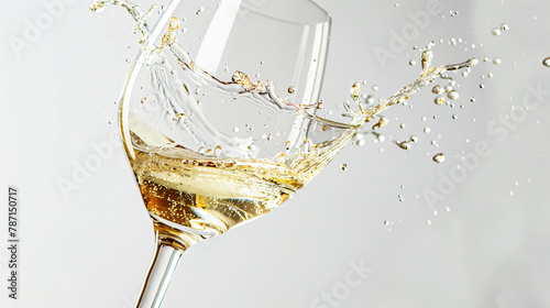White wine splashing in glass on white backgroun