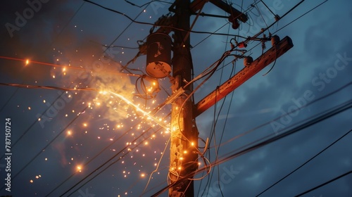 A power line is lit up with sparks and the sky is cloudy