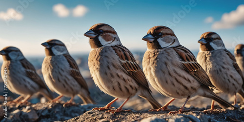 A Row of Sparrows Perched on a Rock. A row of house sparrows with brown and gray feathers perch on a weathered rock face against a clear blue sky. photo