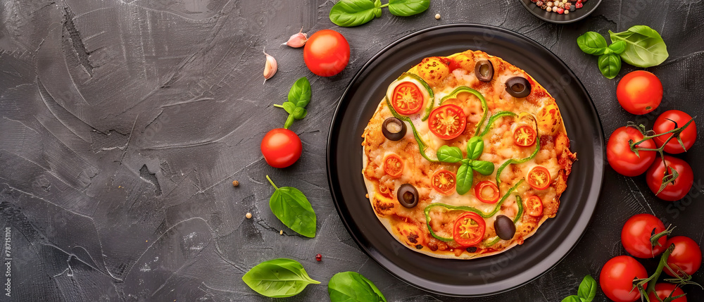 A mini pizza with tomatoes, basil and olives on a black plate A mini pizza with tomatoes, basil and olives on a black plate