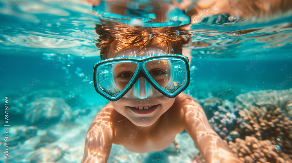 Smiling child snorkeling underwater with diving mask, sea exploration portrait.