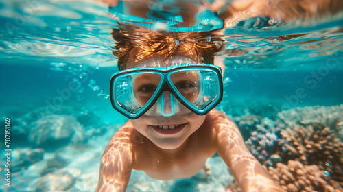 Smiling child snorkeling underwater with diving mask, sea exploration portrait.