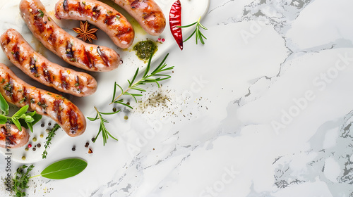 Grill food menu Summer Party Food Grilled Sausages with fresh herbs and spices on marble tabletop View from above Copy space : Generative AI
