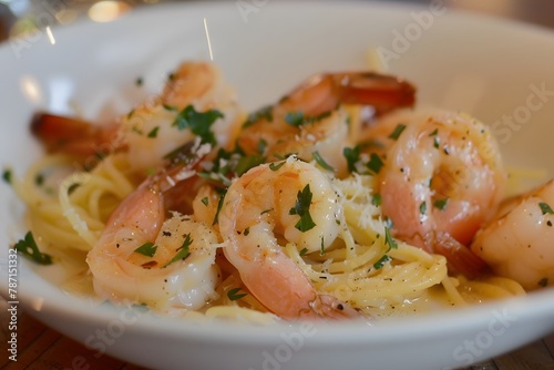 Shrimp scampi with butter, garlic and white wine on a plate