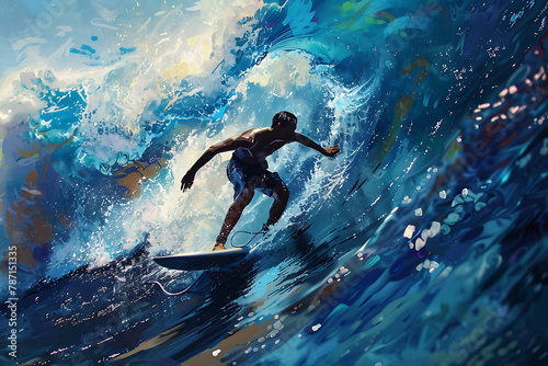 A dynamic image of surfing capturing an athlete expertly riding a wave, showcasing the thrill and excitement of the sport in a breathtaking coastal environment. © River Girl