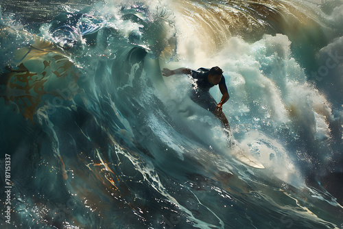A dynamic image of surfing capturing an athlete expertly riding a wave, showcasing the thrill and excitement of the sport in a breathtaking coastal environment.