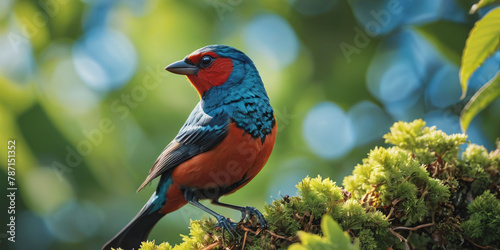 Tanager on a Mossy Branch. A small, vibrantly colored bird with red feathers on its chest and a blue back perched on a thick branch covered in green moss. © chick_david