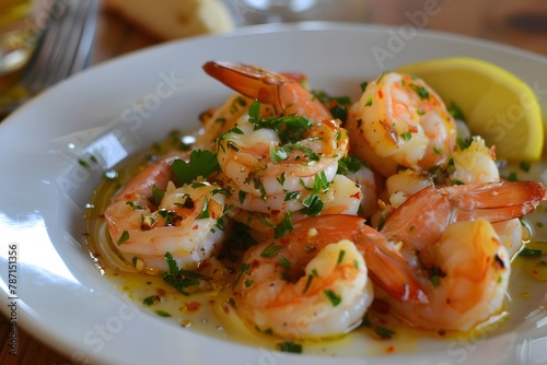 Shrimp scampi with butter, garlic and white wine on a plate
