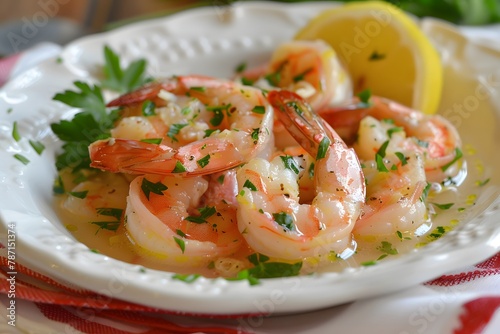 Shrimp scampi with butter, garlic and white wine on a plate