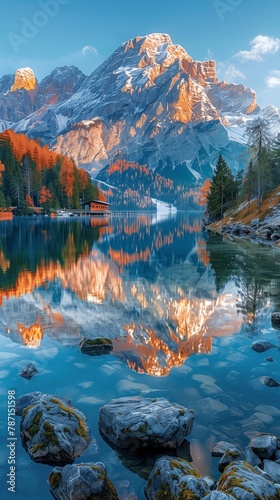 sunrise illuminating peaks and casting colorful reflections on a peaceful mountain lake