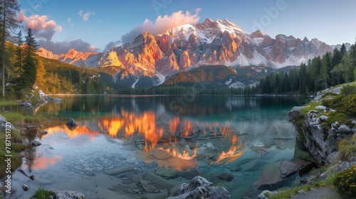 pristine wilderness scene with snow-capped mountains mirrored in crystal clear waters
