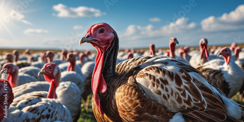 A Gathering of Wild Turkeys in a Field. A large group of wild turkeys, including hens and toms, stand alert in a grassy field beneath a bright blue sky. photo