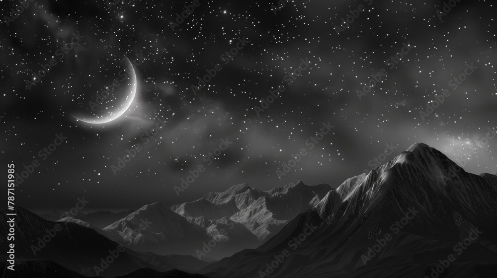 black and white panoramic view of a moonlit mountainous terrain under stars