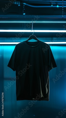 modern black t-shirt on hanger with neon blue light in a trendy fashion retail display





