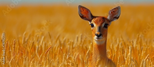 A deer is standing in a grassland ecoregion, surrounded by tall grass and natural landscape. The terrestrial animal is looking at the camera in a prairie event © RichWolf