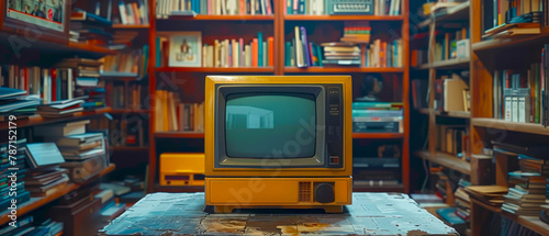 Yellow retro vintage television sits on a table in room library