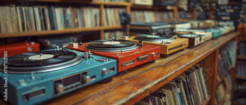 Vintage collections of old record players on wooden shelf