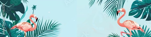 serene tropical scene with pink flamingos among lush palm leaves illustration #787152330