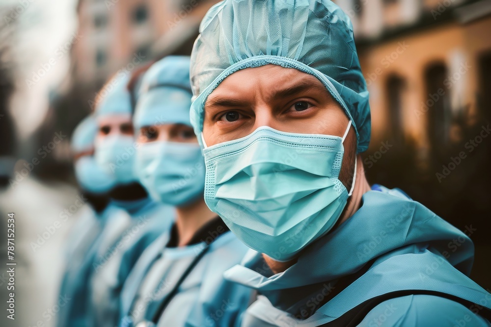 A dedicated team of medical professionals in scrubs and protective masks standing ready to serve. A dedicated team of medical professionals in scrubs and protective masks standing ready to serve.