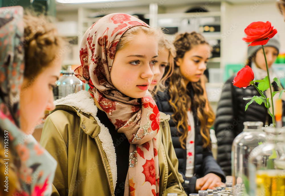A young girl in a hijab among her peers, displaying an expression of curiosity, surrounded by youthful diversity and education.