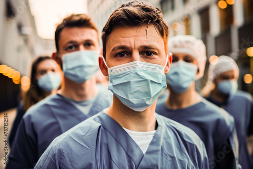 Portrait of a medical team with face masks standing confidently, representing unity during a health crisis.