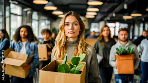 Young businesswoman carrying a box of personal items in a busy office environment after layoff photo