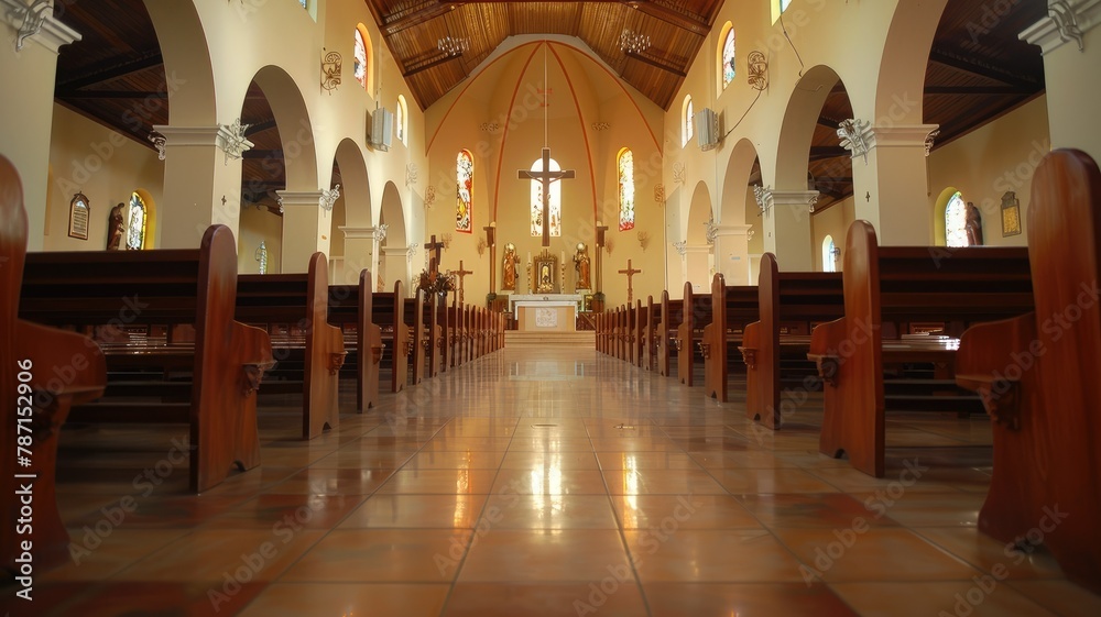 Majestic Interior of a Traditional Christian Church with Ornate Architectural Features and Serene Atmosphere Evoking a Sense of Spiritual Devotion