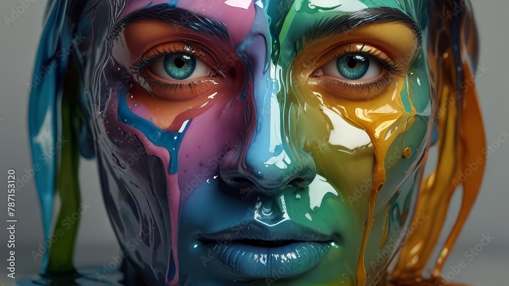 melted glass face, photorealistic, hyper detailed, reflections, melted colors
