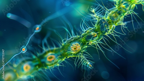 A microscopic view of a delicate phytoplankton colony its branching structure reminiscent of a miniature tree with small flagella