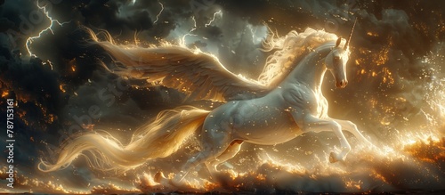A white mare with wings gracefully gallops through a fiery natural landscape, its mane flowing like a cloud in the sky