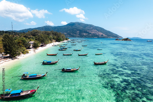 Aerial view of longtail boat and beach at Koh Lipe. photo