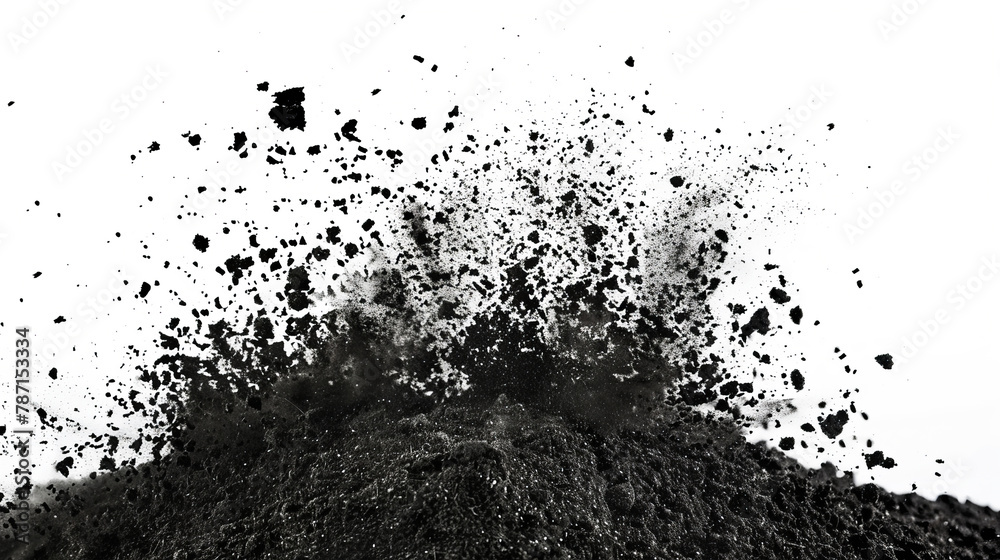  Dry black soil explosion isolated on white background